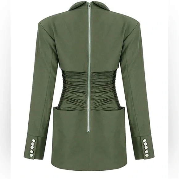 Army Green Uniform Ruched Mini Dress - Picture 3 of 7